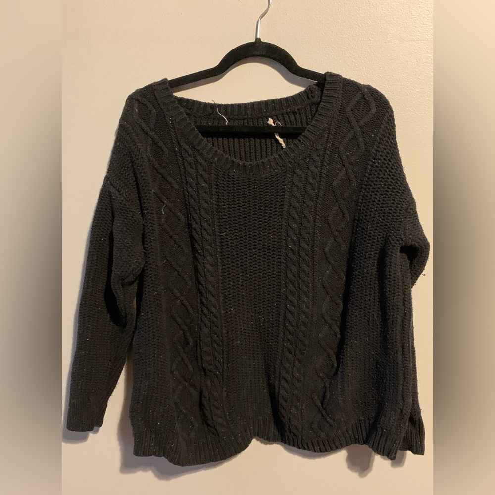 Blue cabled sweater w/ elbow patch detail